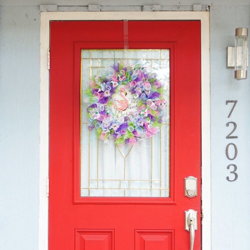 Pastel Pink, Purple, Green and Blue "You Are Lovely" Flamingo Summer Wreath